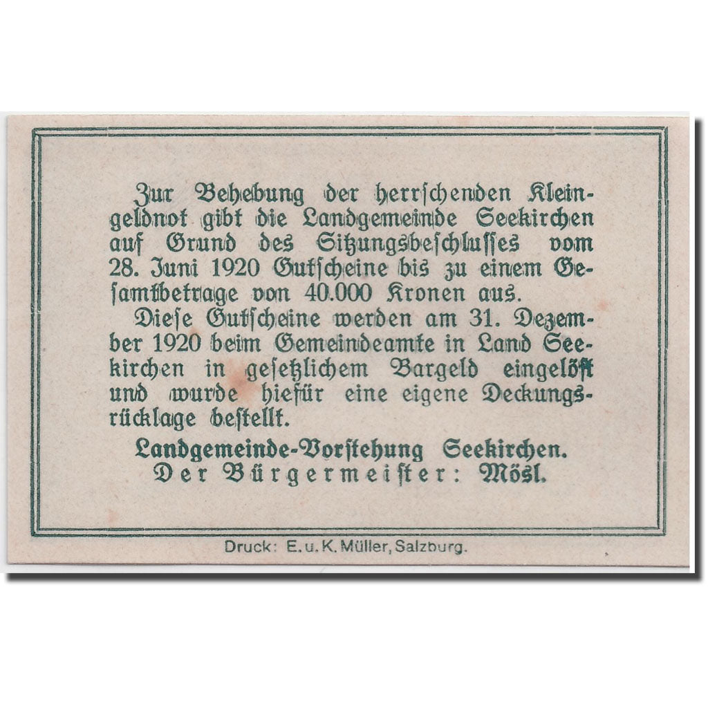 Banconote, Austria, Seekirchen, 50 Heller, paysage, 1920, 1920-06-28, SPL