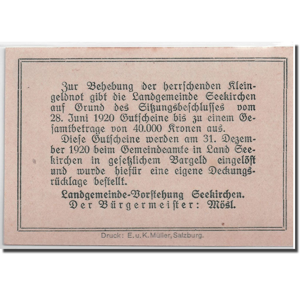 Banknote, Austria, Seekirchen, 20 Heller, paysage, 1920, 1920-06-28, UNC(63)