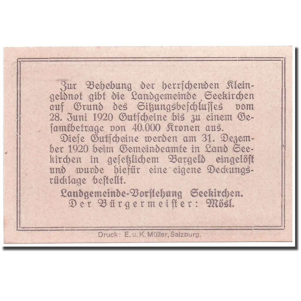 Geldschein, Österreich, Seekirchen, 10 Heller, paysage, 1920, 1920-06-28, UNZ-