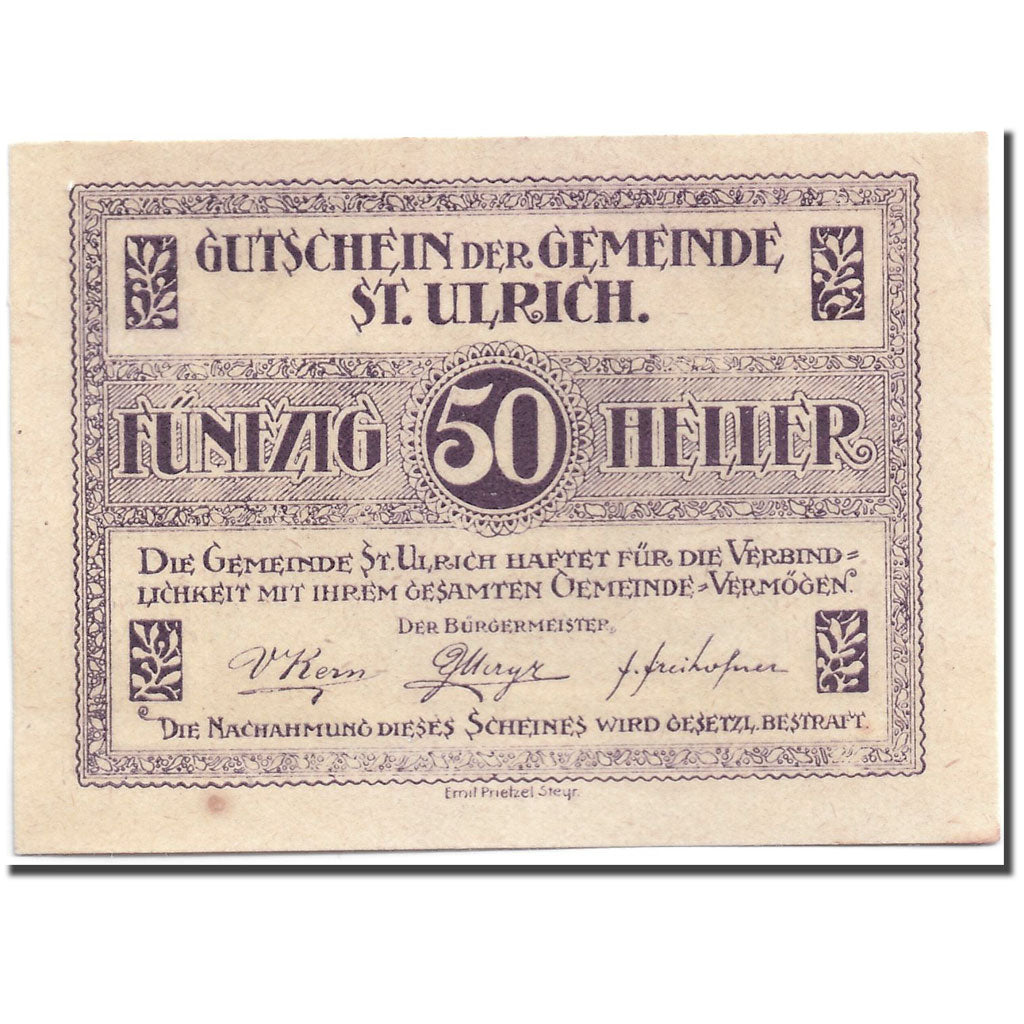 Geldschein, Österreich, St Ulrich, 50 Heller, paysage, 1920, UNZ-, Mehl:940