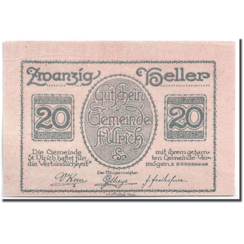 Geldschein, Österreich, St Ulrich, 20 Heller, paysage, 1920, UNZ-, Mehl:940
