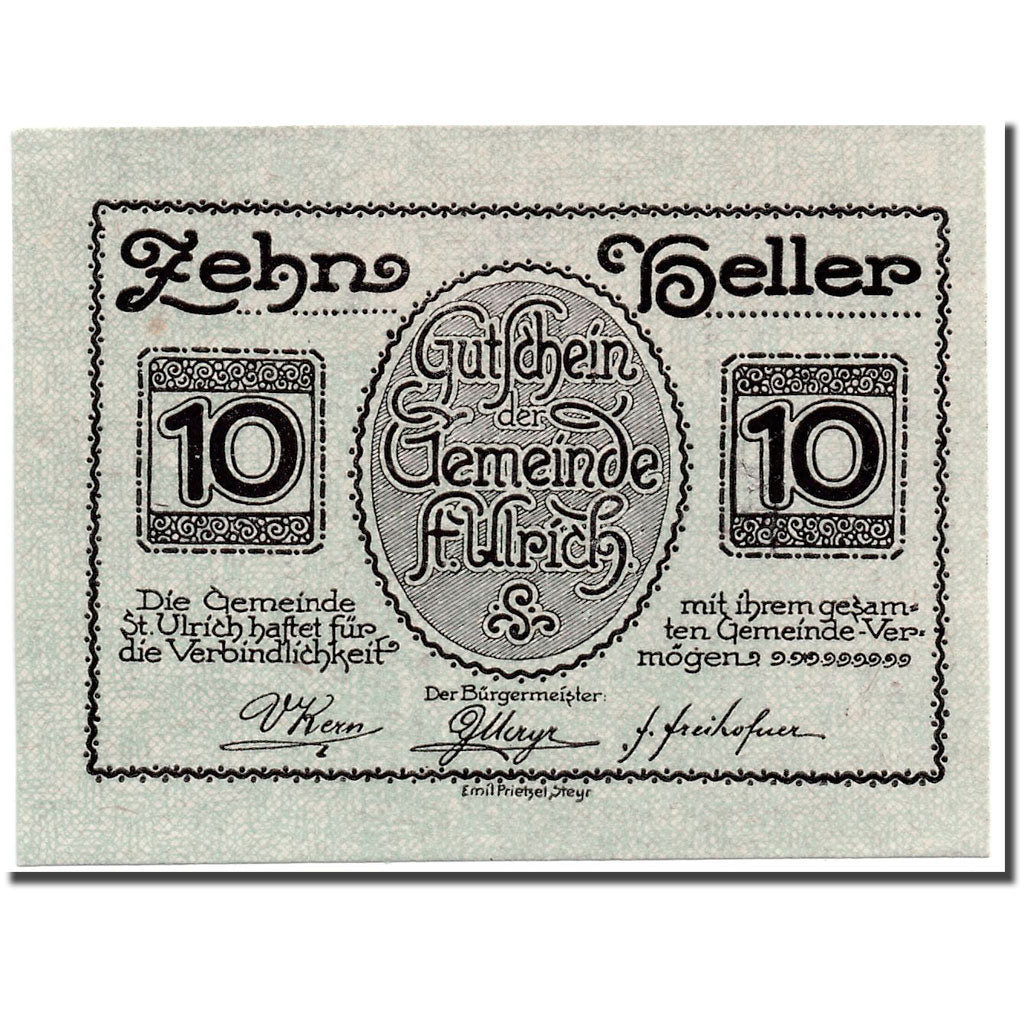 Banknote, Austria, St Ulrich, 10 Heller, paysage, 1920, UNC(63), Mehl:940