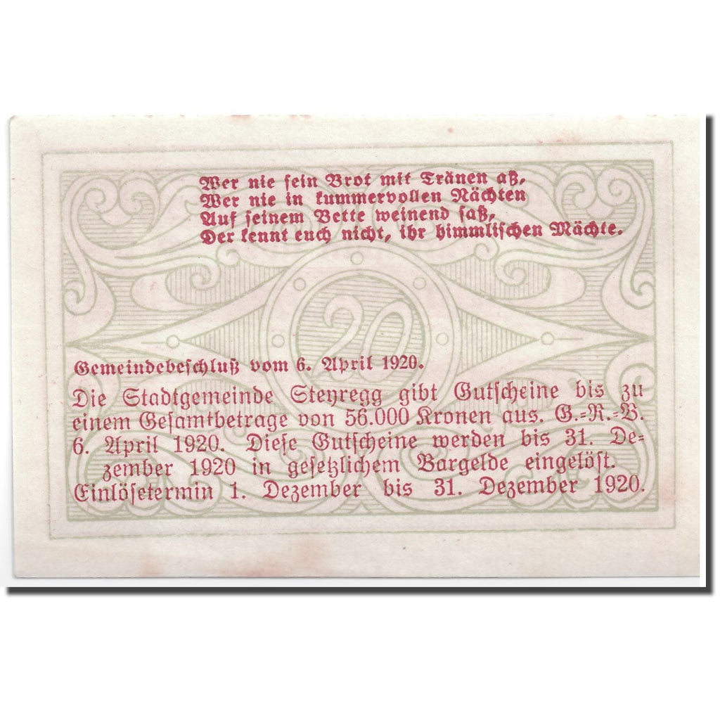 Geldschein, Österreich, Steyregg, 20 Heller, paysage, 1920, 1920-04-06, UNZ-