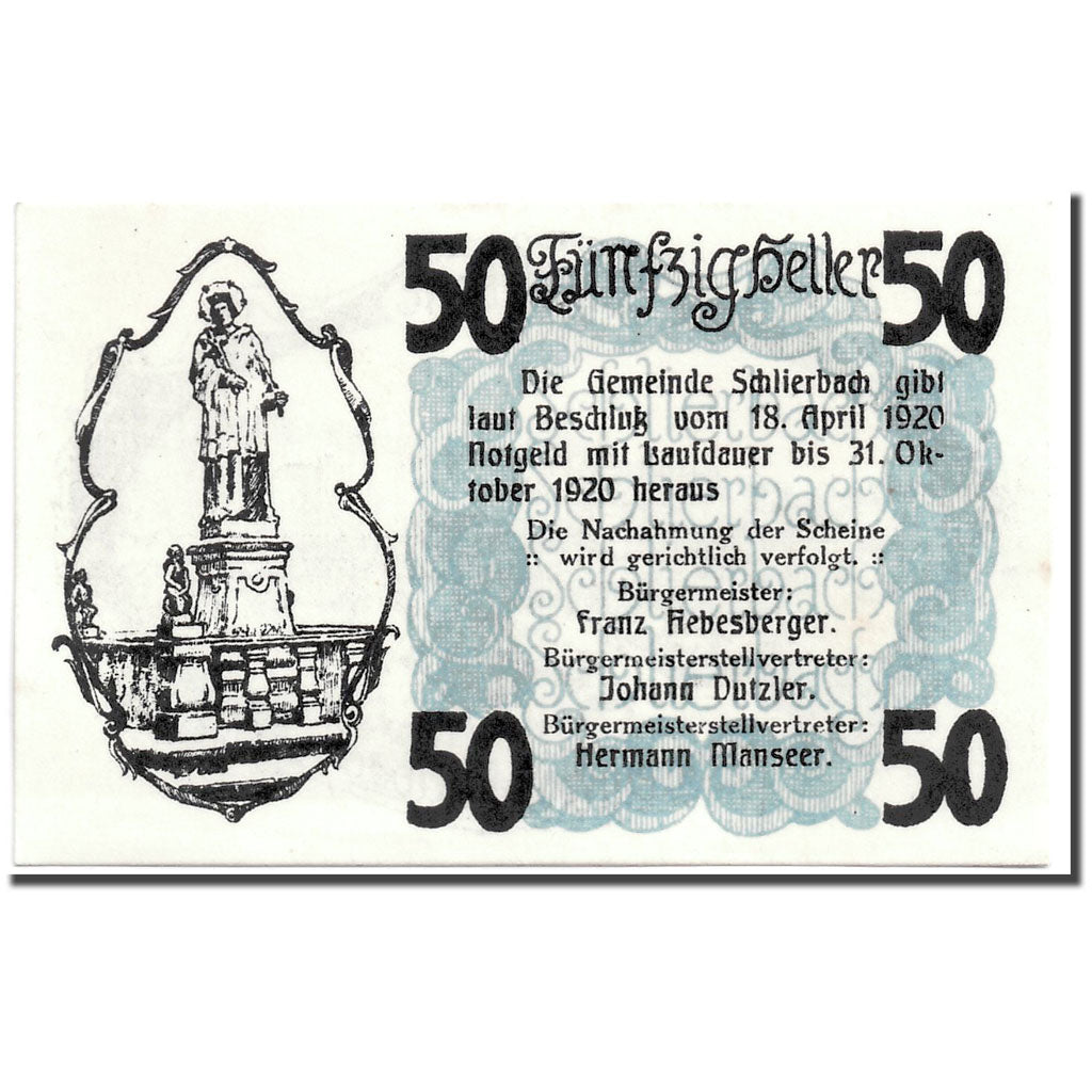Geldschein, Österreich, Schlierbach O.Ö. Gemeinde, 50 Heller, paysage, 1920