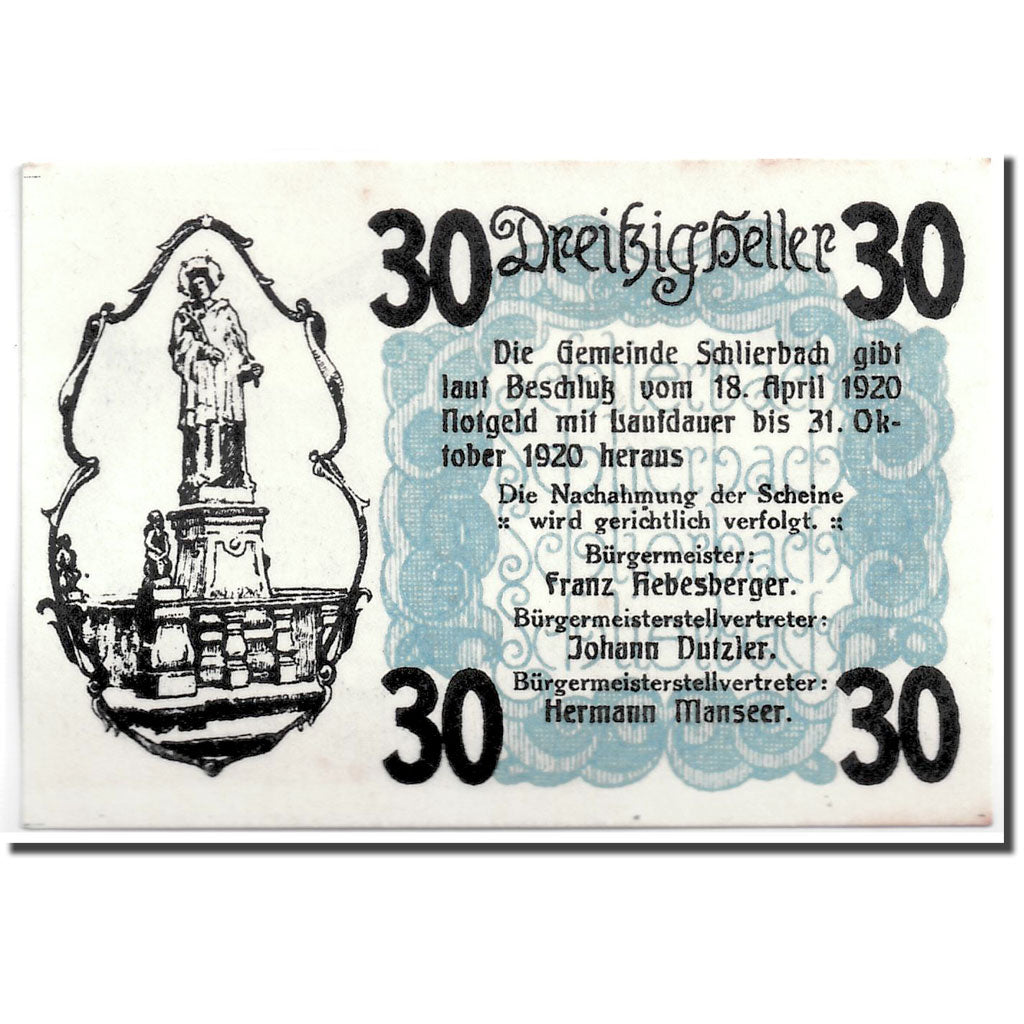 Geldschein, Österreich, Schlierbach O.Ö. Gemeinde, 30 Heller, paysage, 1920