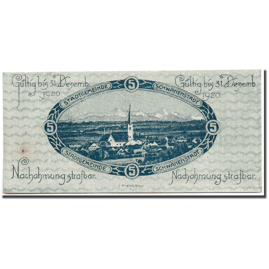 Banknote, Austria, Schwanenstadt, 5 Heller, paysage 1, 1920, UNC(63), Mehl:977 I