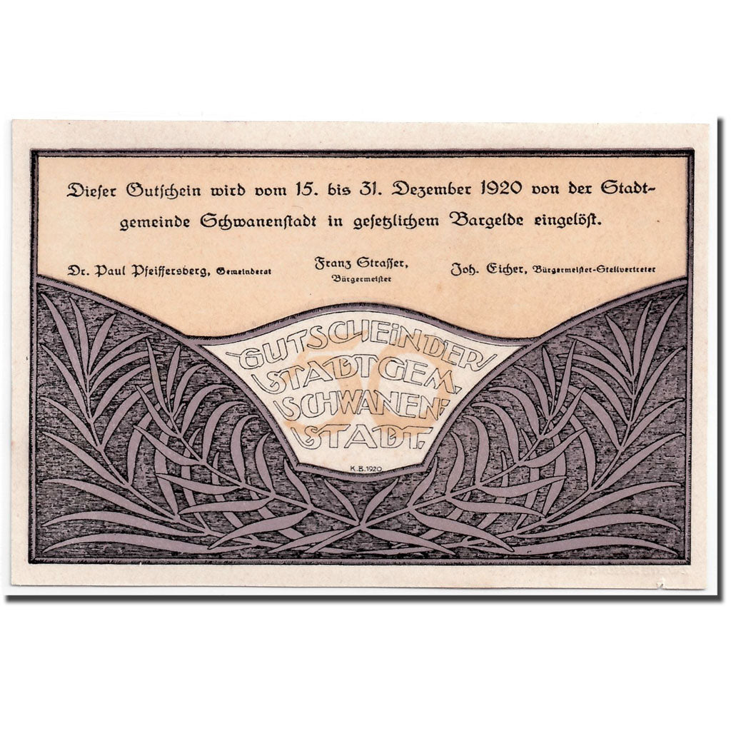 Banknote, Austria, Schwanenstadt, 50 Heller, paysage, 1920, UNC(63), Mehl:977 II