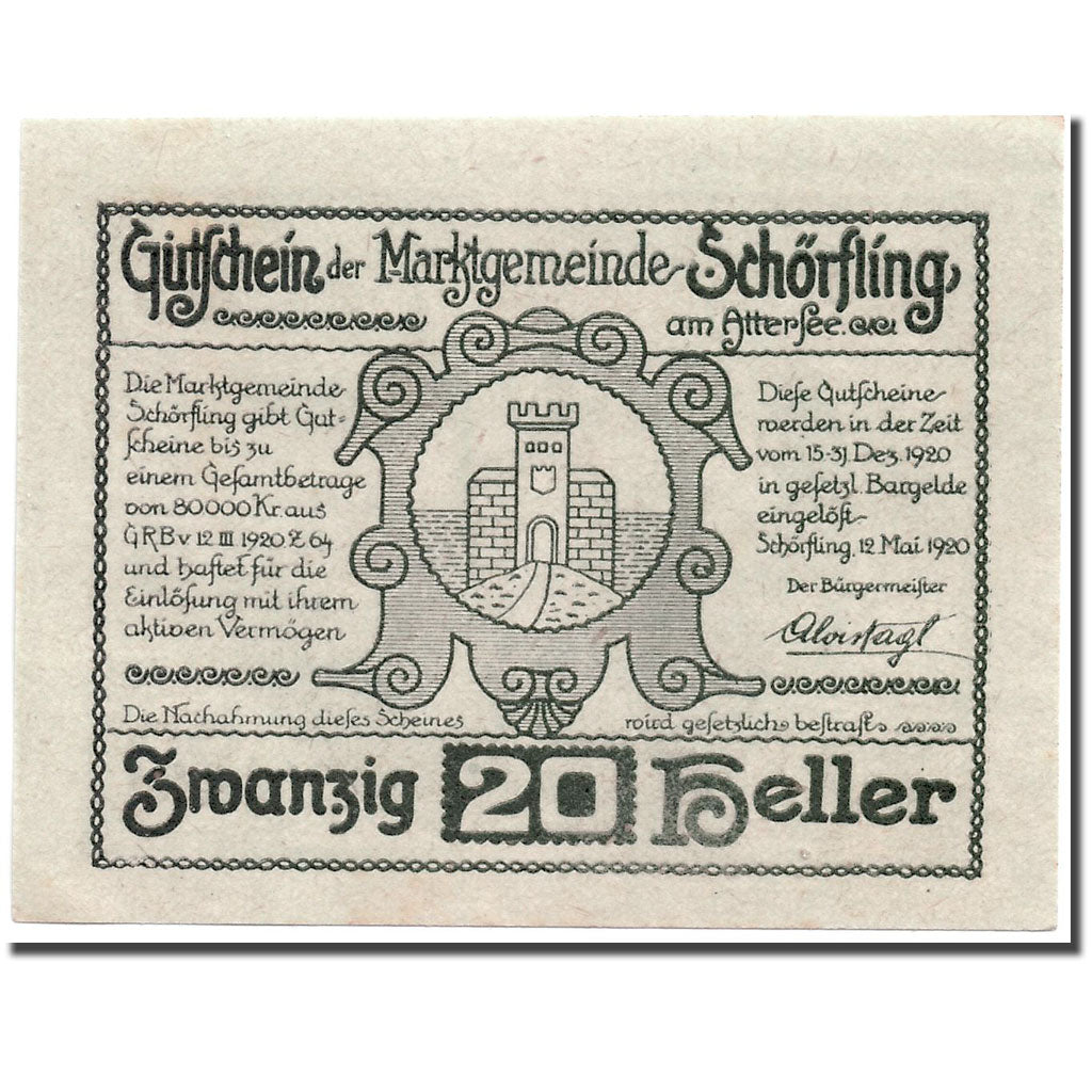 Banknote, Austria, Schörfling am Attersee O.Ö. Marktgemeinde, 20 Heller