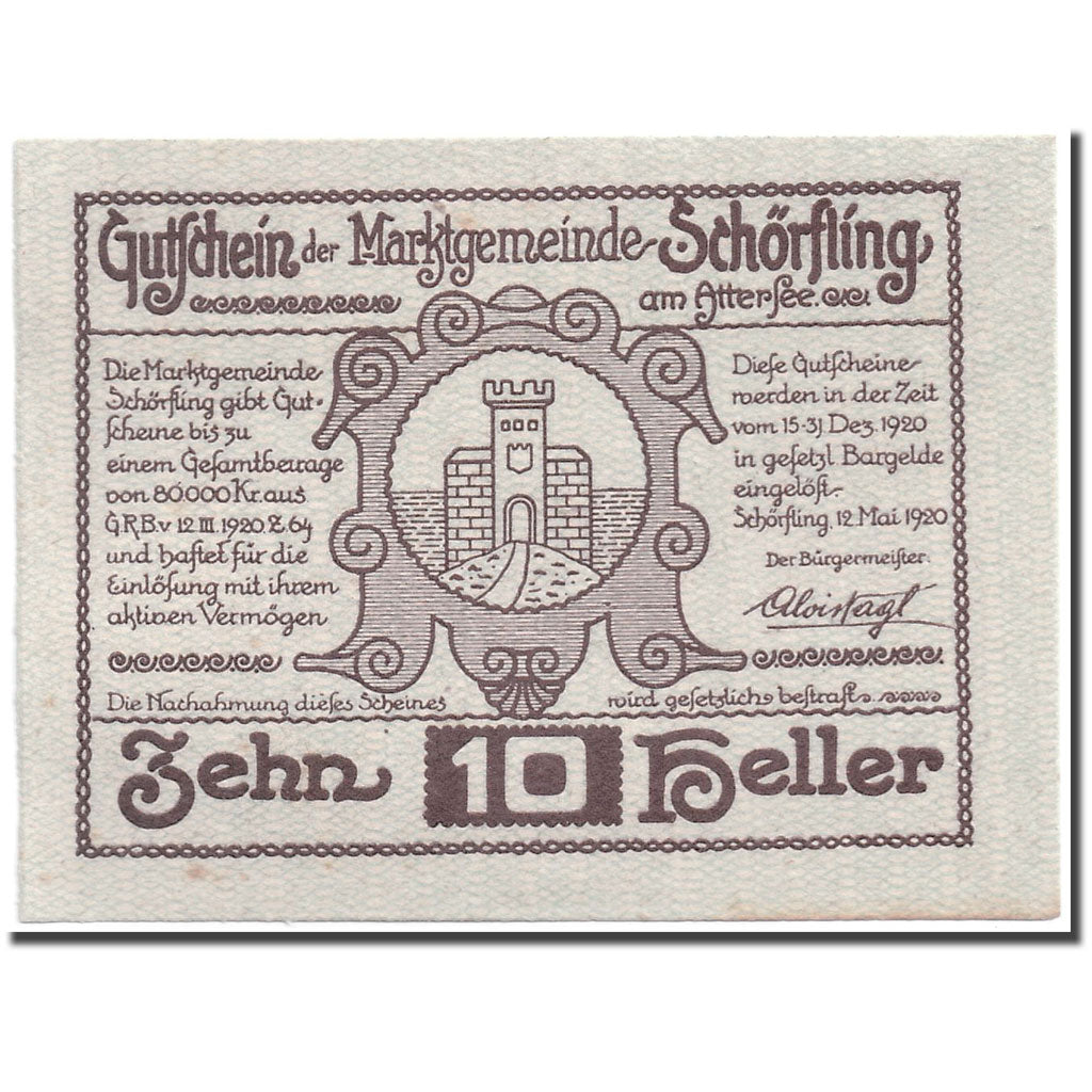 Banknote, Austria, Schörfling am Attersee O.Ö. Marktgemeinde, 10 Heller