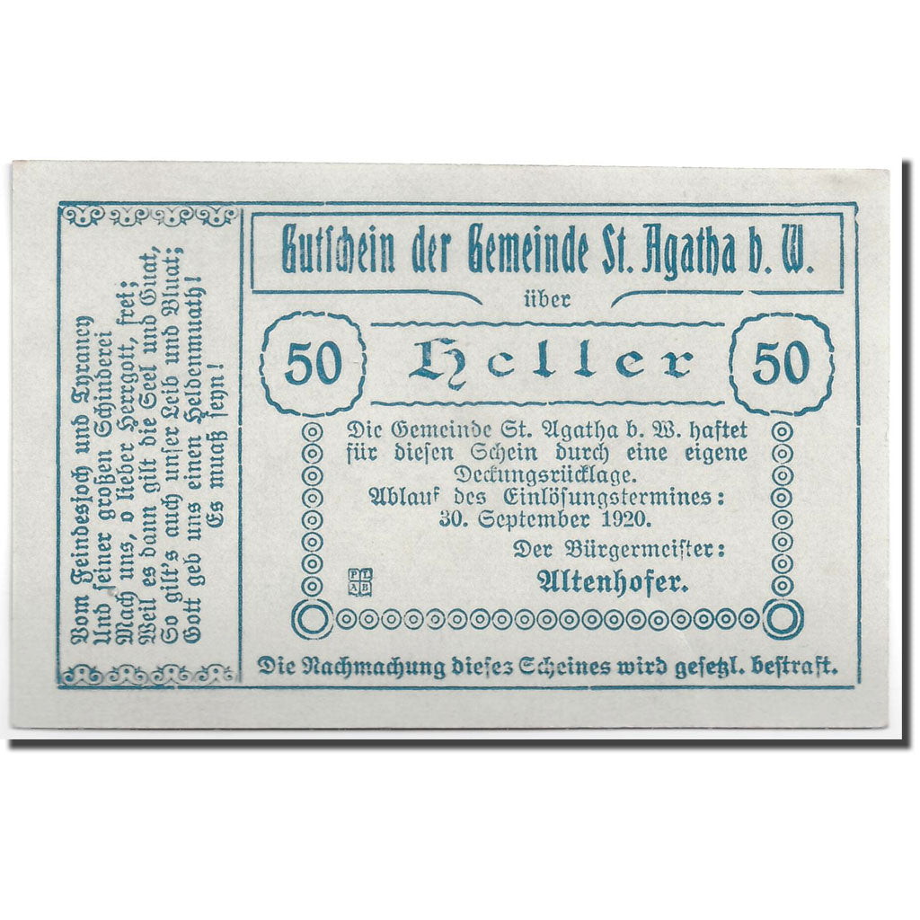 Geldschein, Österreich, St Agatha, 50 Heller, paysage, 1920, UNZ-, Mehl:877 I