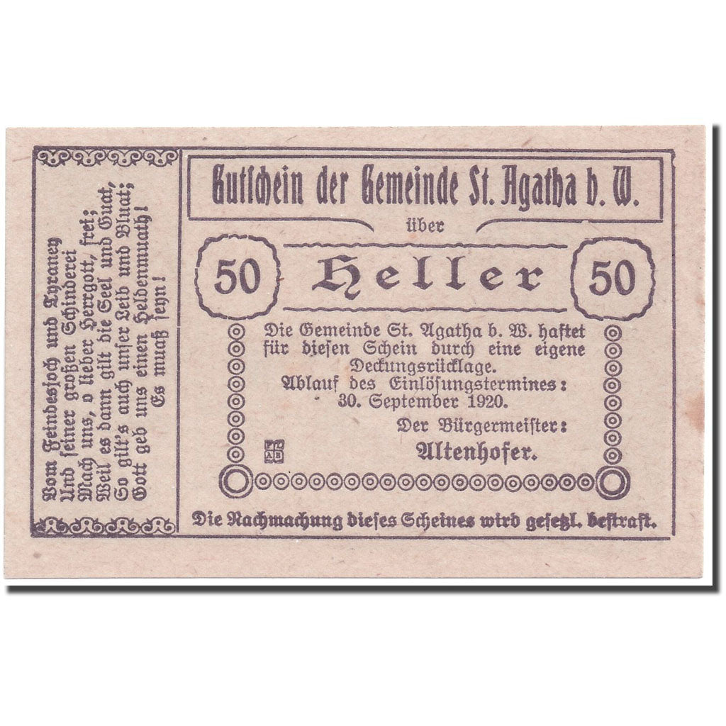Banconote, Austria, St Agatha, 50 Heller, paysage 1, 1920, SPL, Mehl:877 I
