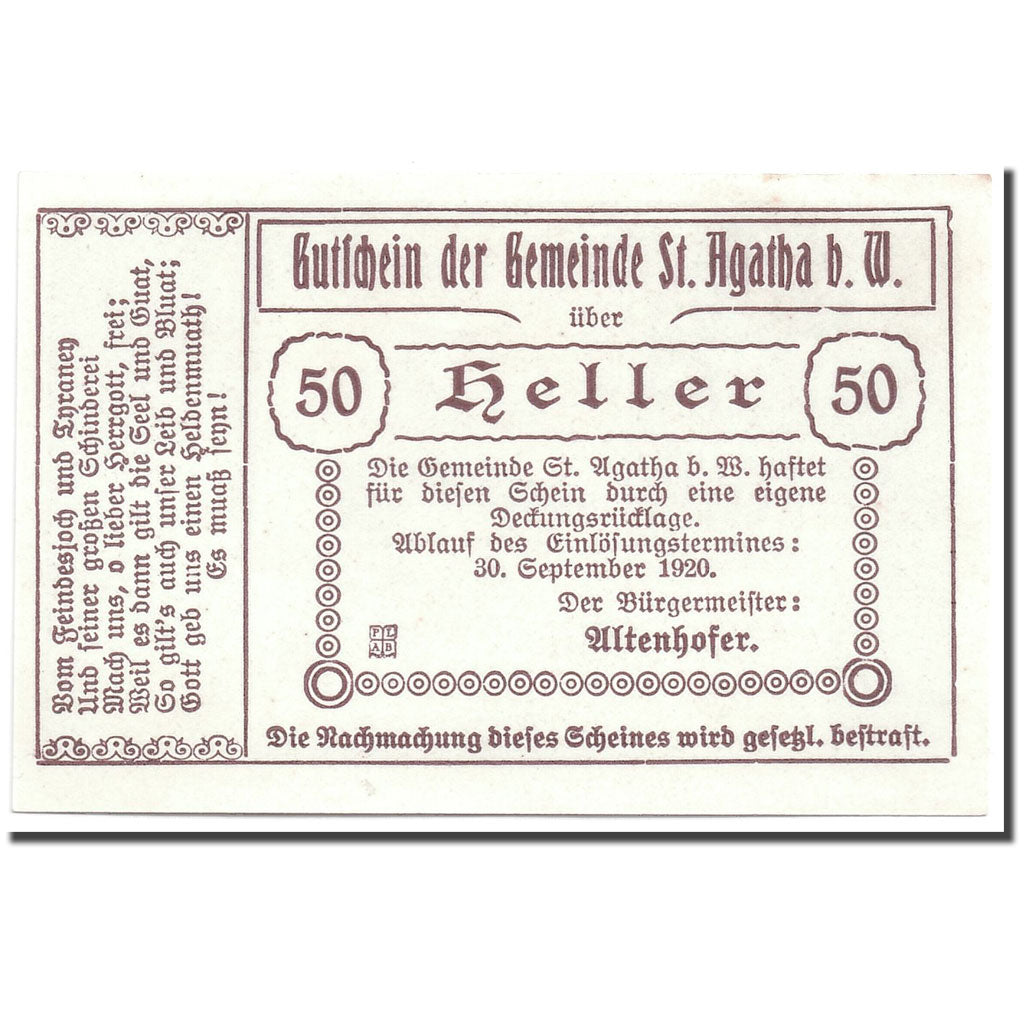 Geldschein, Österreich, St Agatha, 50 Heller, paysage 2, 1920, UNZ-, Mehl:877 I