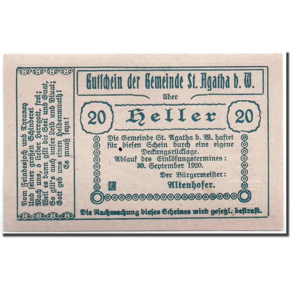 Banknote, Austria, St Agatha, 20 Heller, paysage, 1920, UNC(63), Mehl:877 I