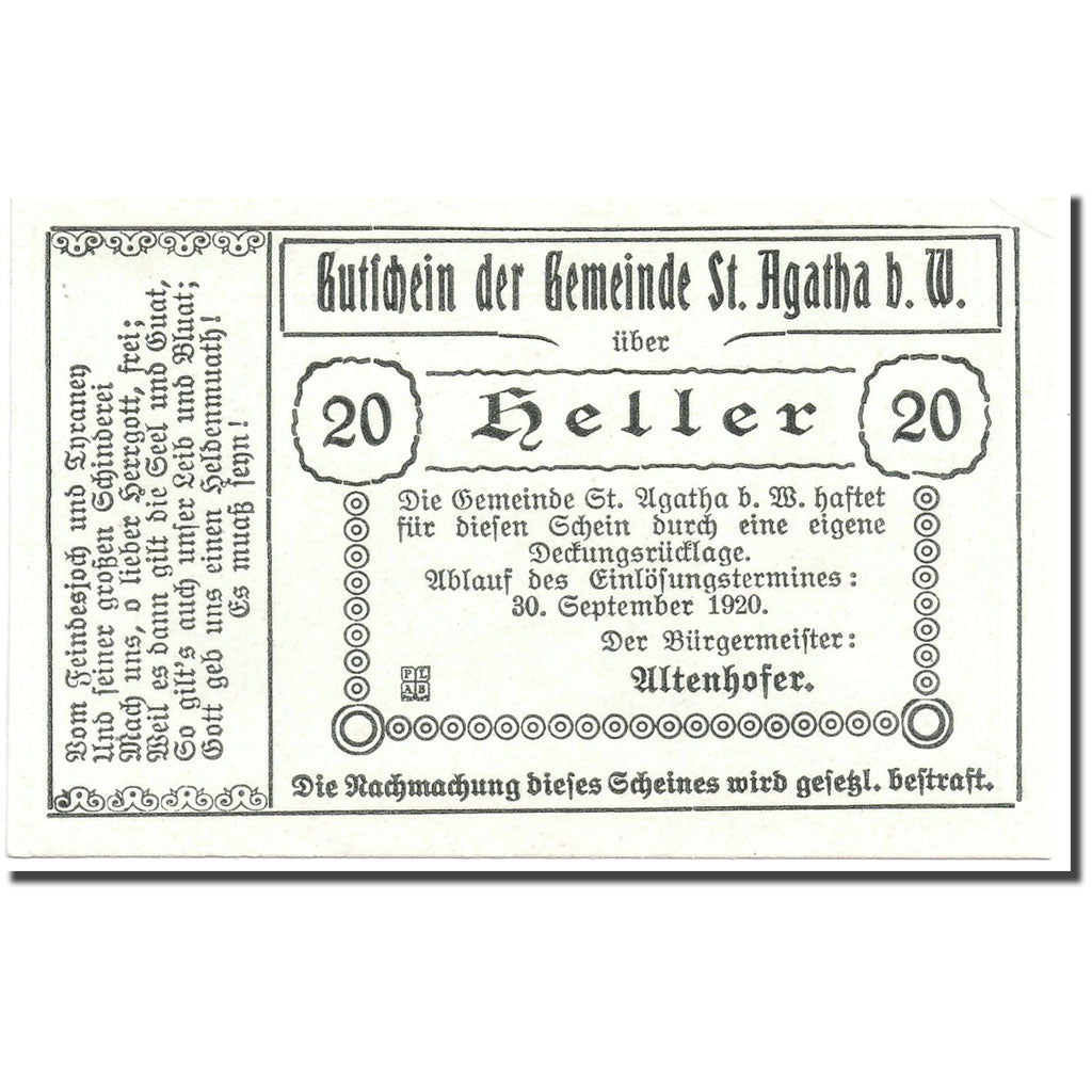 Geldschein, Österreich, St Agatha, 20 Heller, paysage 1, 1920, UNZ-, Mehl:877 I