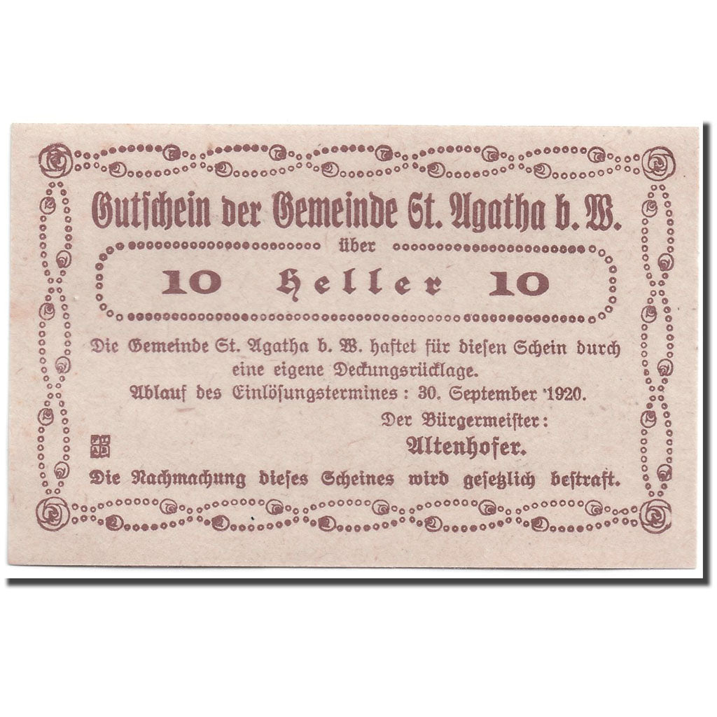 Banknote, Austria, St Agatha, 10 Heller, paysage, 1920, UNC(63), Mehl:877 I