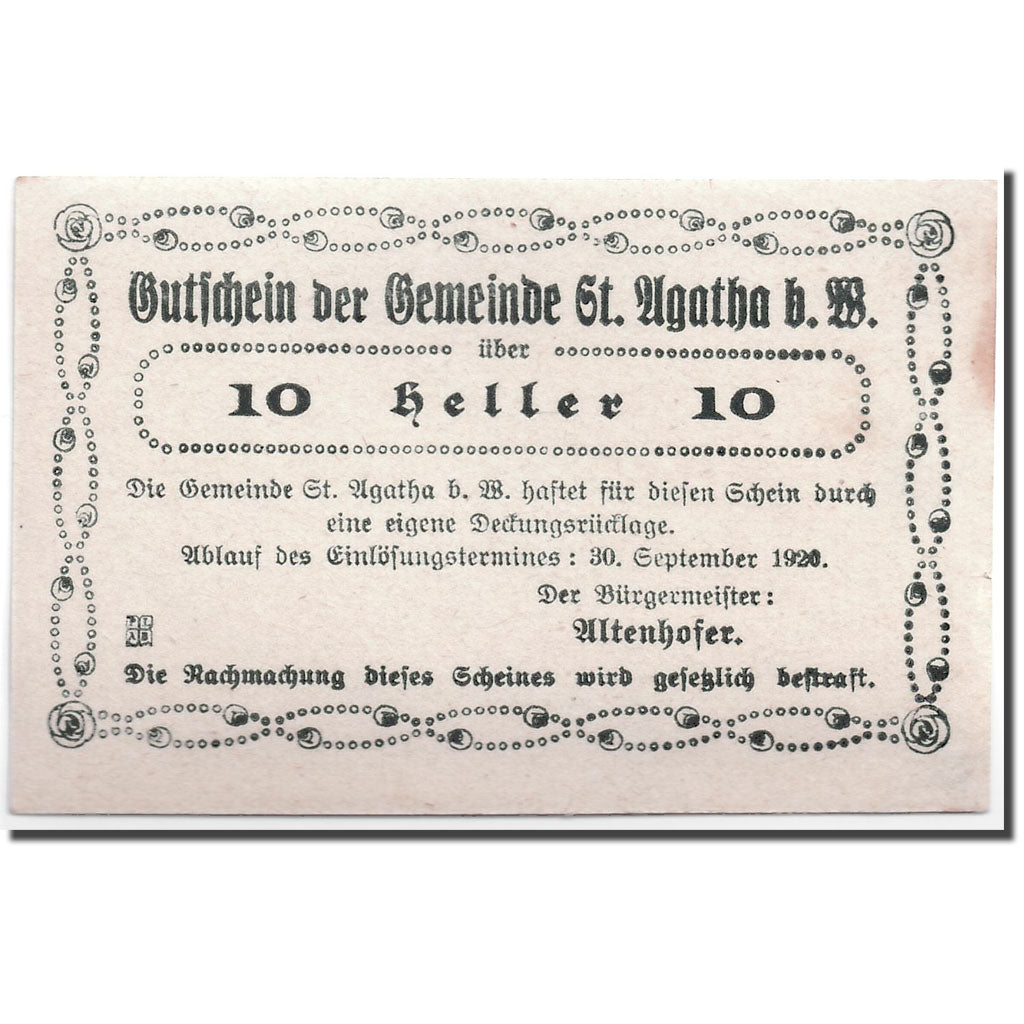 Geldschein, Österreich, St Agatha, 10 Heller, paysage 1, 1920, UNZ-, Mehl:877 I