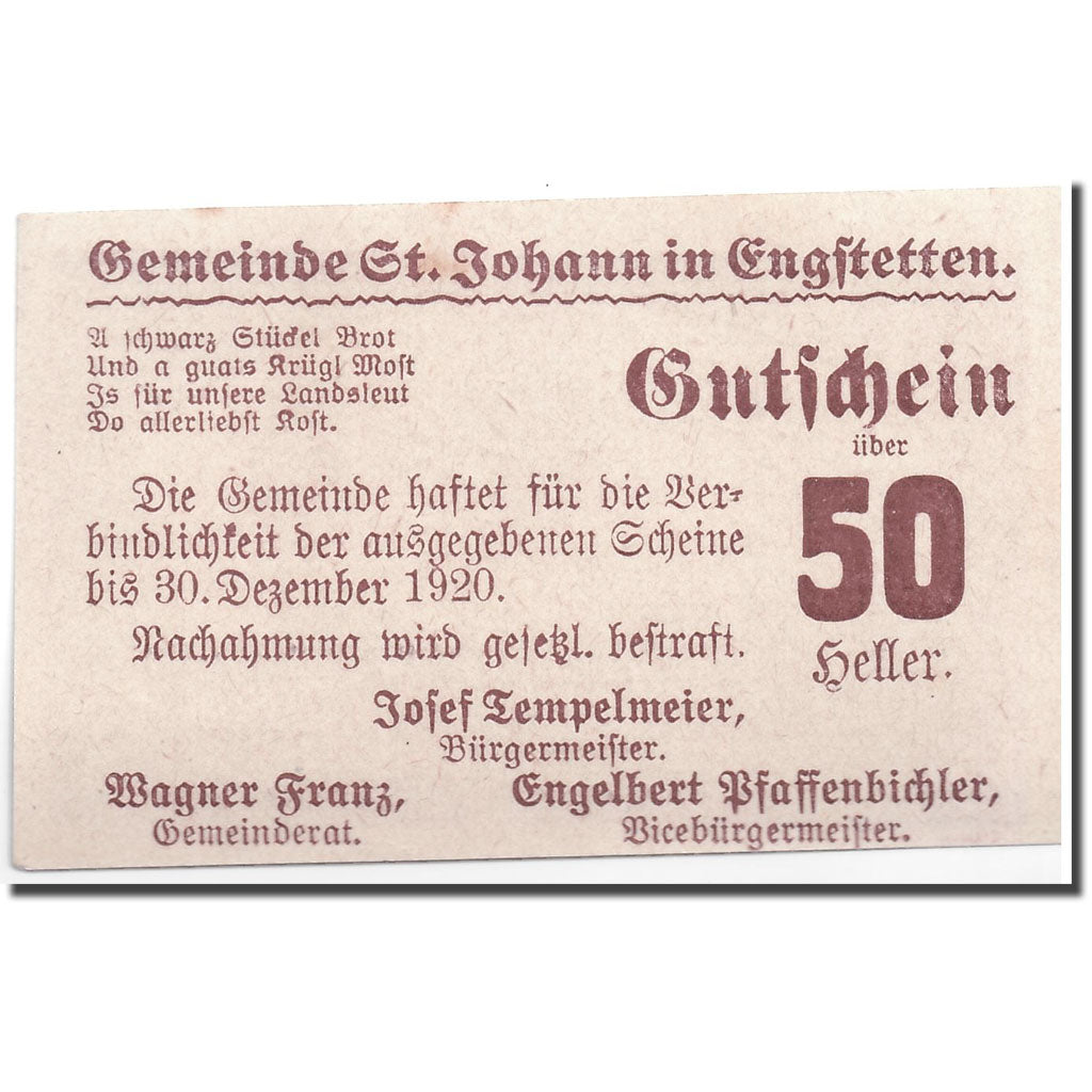 Geldschein, Österreich, St Johann in Engstetten, 50 Heller, paysage, UNZ-
