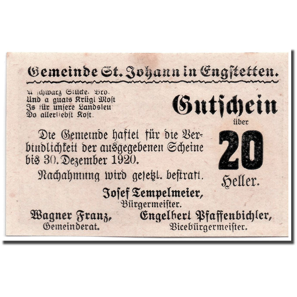 Banknote, Austria, St Johann in Engstetten, 20 Heller, paysage, UNC(63)