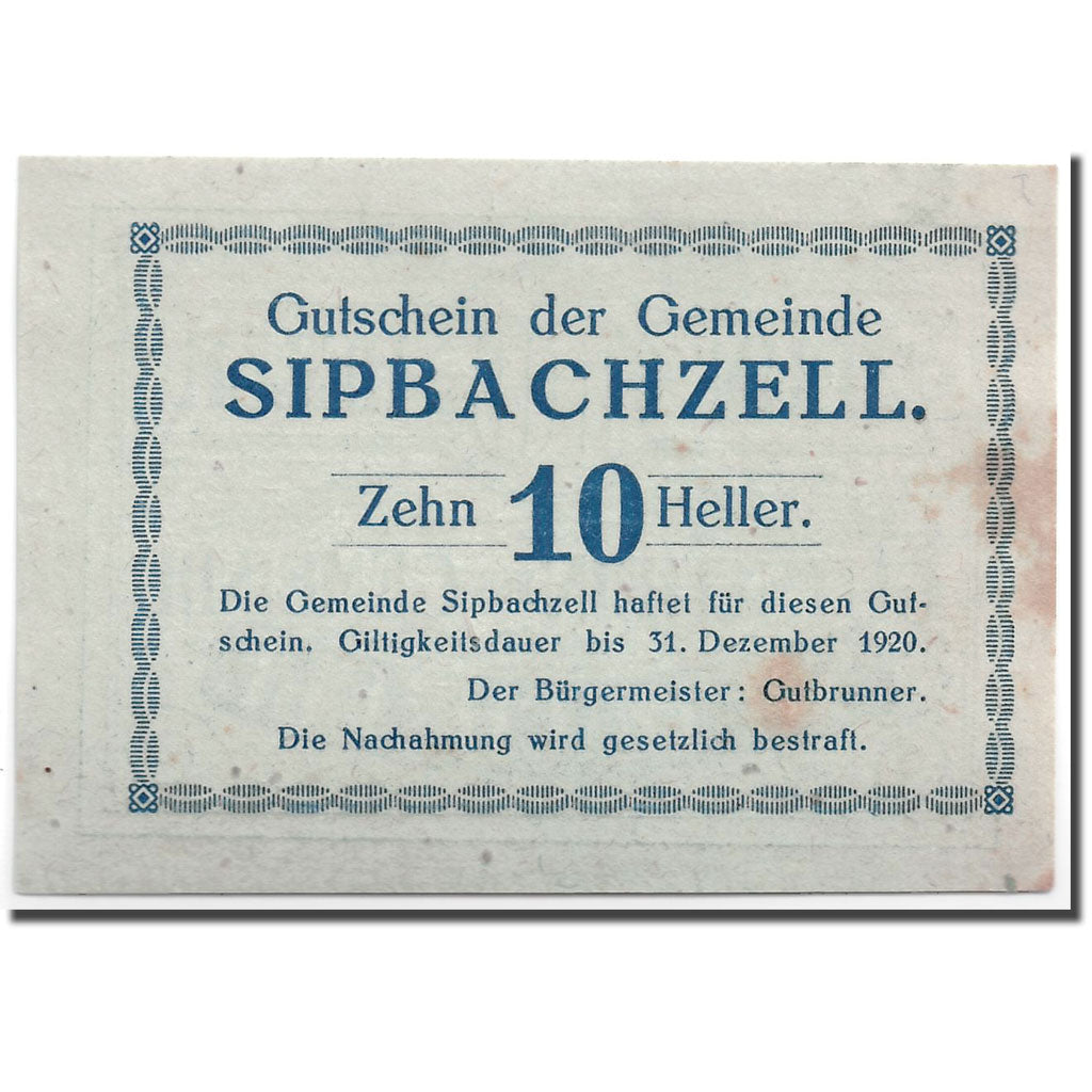 Banconote, Austria, Sipbachzell, 10 Heller, graphique, 1920, SPL, Mehl:1000