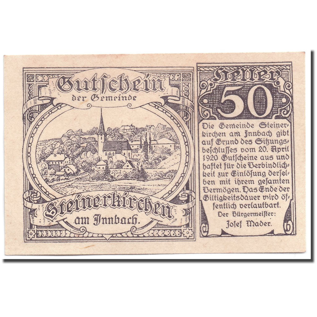 Banknote, Austria, Steinerkirchen, 50 Heller, paysage, 1920, 1920-04-20