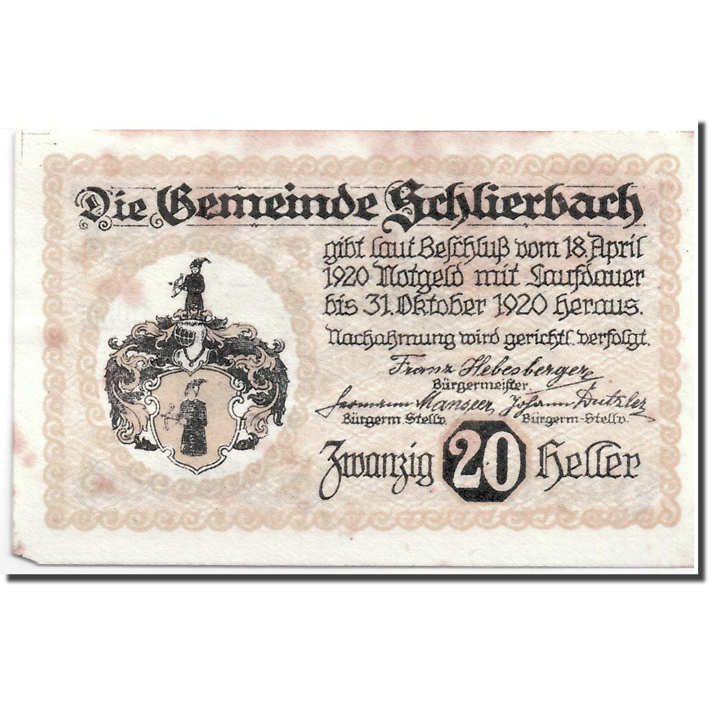 Geldschein, Österreich, Schlierbach O.Ö. Gemeinde, 20 Heller, paysage, 1920
