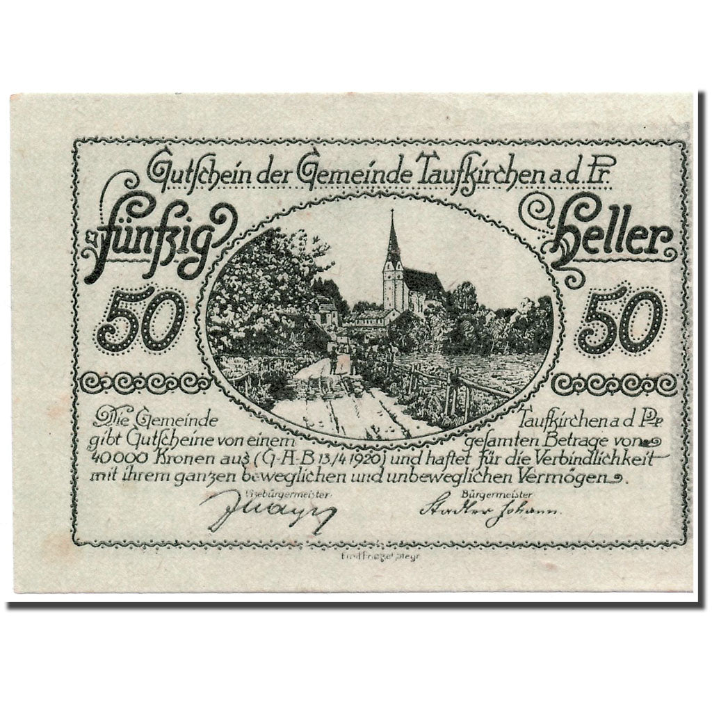 Geldschein, Österreich, Taufkirchen an der Pram, 50 Heller, personnage, 1920