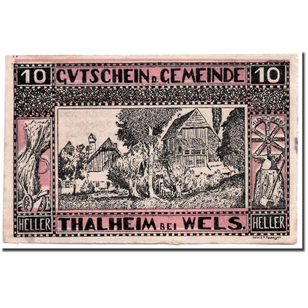 Banconote, Austria, Thalheim bei Wels, 10 Heller, paysage, 1920, 1920-05-15