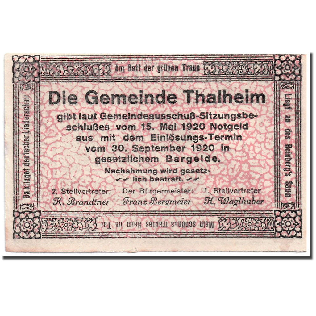 Banconote, Austria, Thalheim bei Wels, 10 Heller, paysage, 1920, 1920-05-15