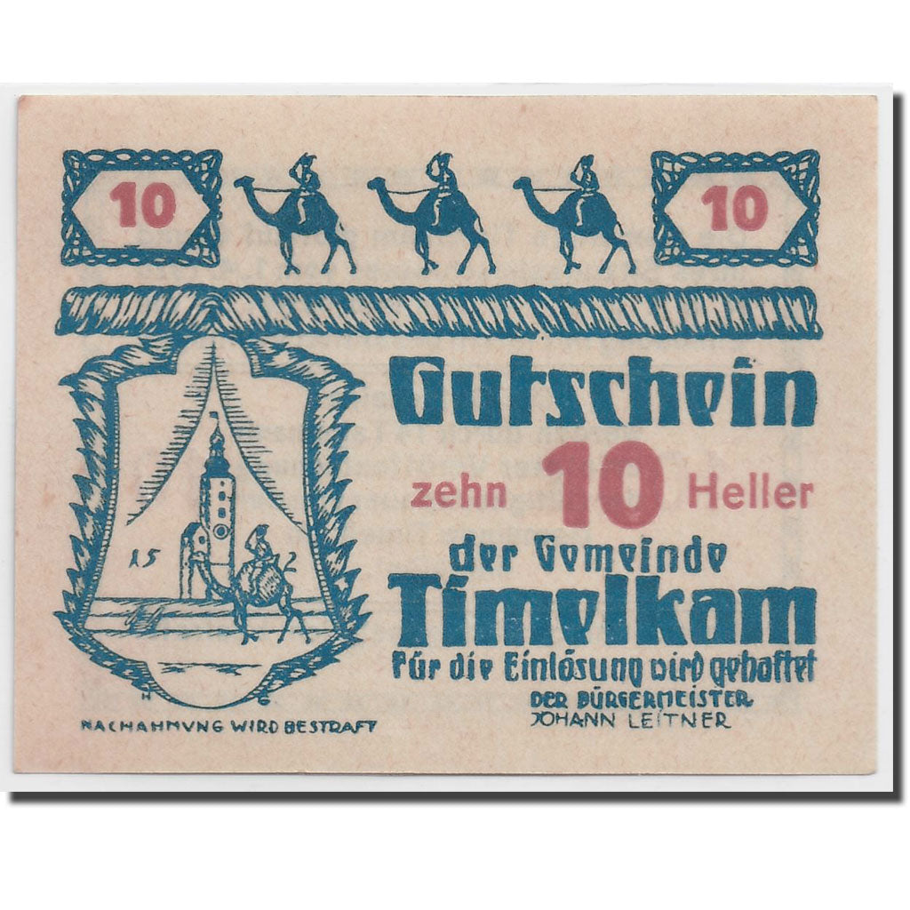 Banknote, Austria, Timelkam, 10 Heller, personnage, 1920, 1920-04-01, UNC(63)