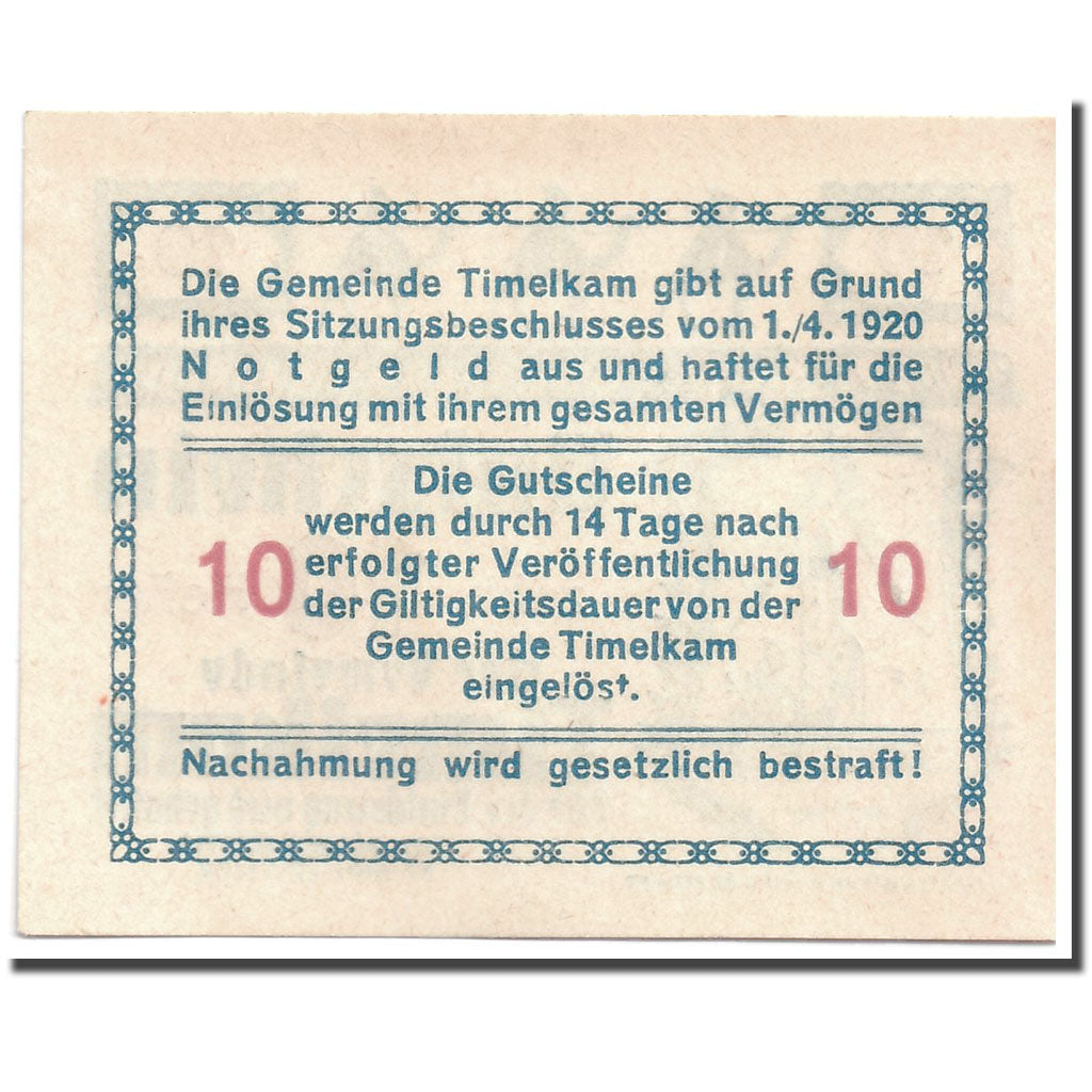 Banknote, Austria, Timelkam, 10 Heller, personnage, 1920, 1920-04-01, UNC(63)