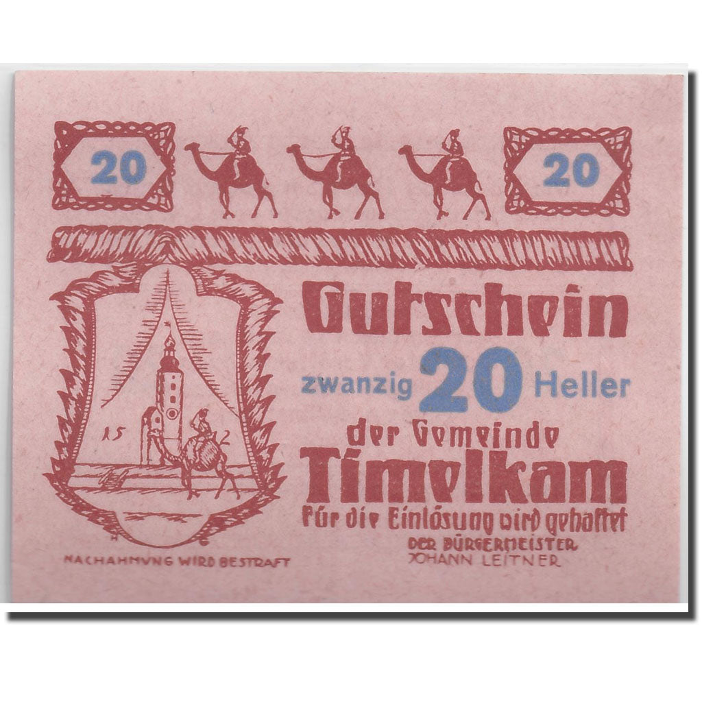 Banknote, Austria, Timelkam, 20 Heller, personnage, 1920, 1920-04-01, UNC(63)