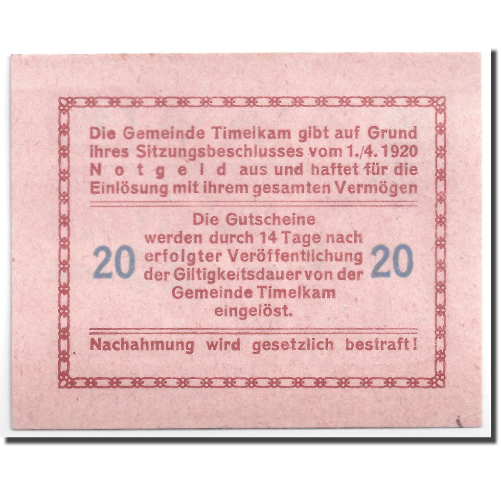 Banknote, Austria, Timelkam, 20 Heller, personnage, 1920, 1920-04-01, UNC(63)