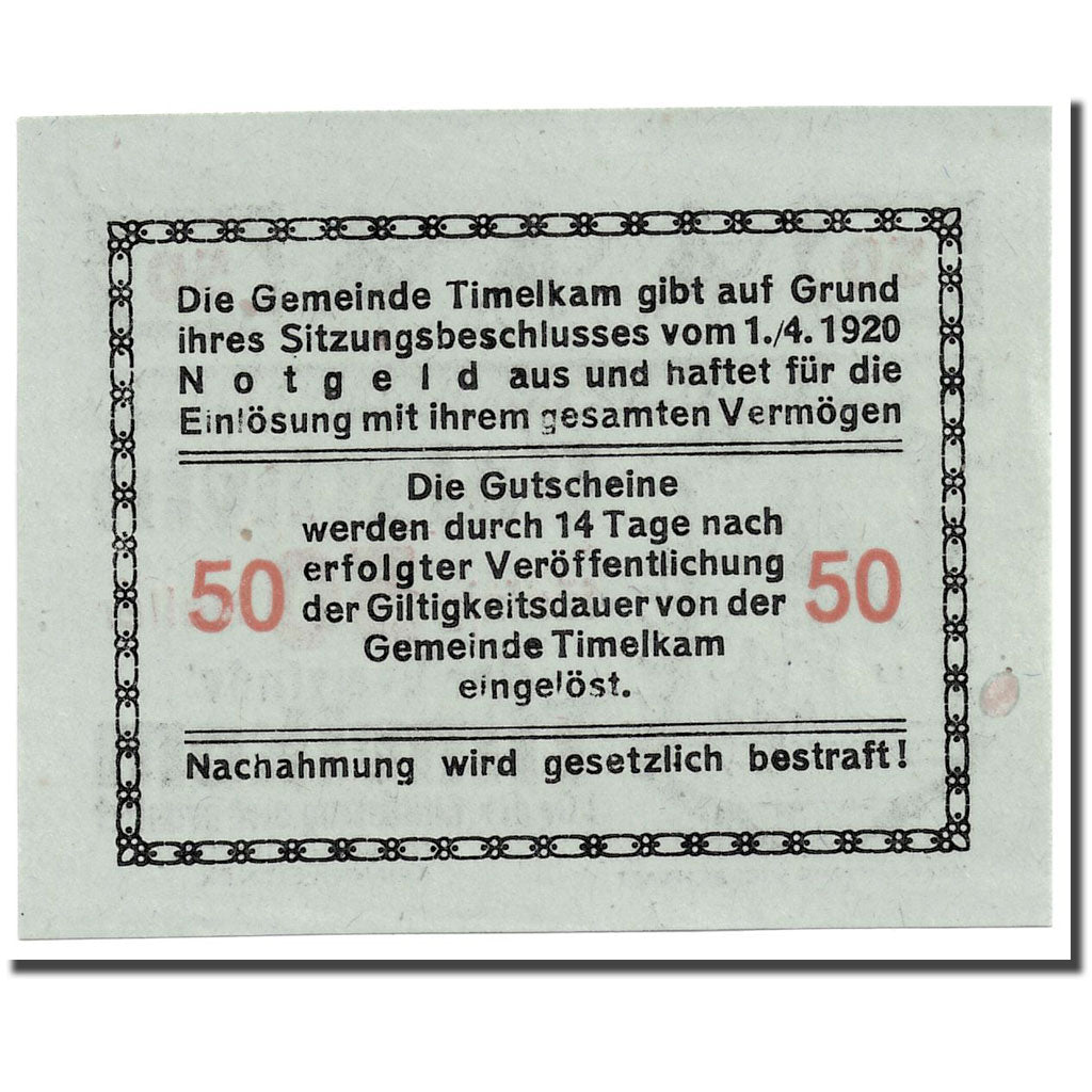 Geldschein, Österreich, Timelkam, 50 Heller, personnage, 1920, 1920-04-01