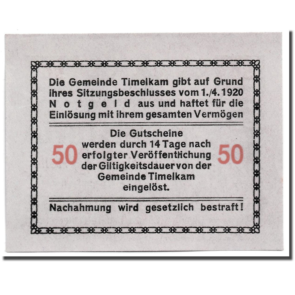 Banknote, Austria, Timelkam, 50 Heller, personnage 1, 1920, 1920-04-01, UNC(63)