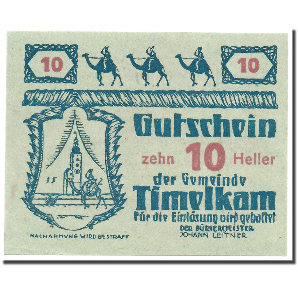Banknote, Austria, Timelkam, 10 Heller, personnage 2, 1920, 1920-04-01, UNC(63)