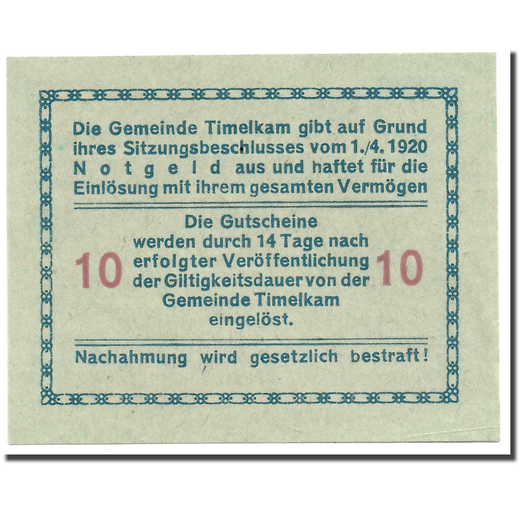 Banknote, Austria, Timelkam, 10 Heller, personnage 2, 1920, 1920-04-01, UNC(63)