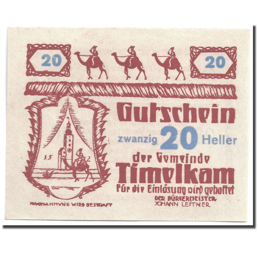 Banknote, Austria, Timelkam, 20 Heller, personnage 1, 1920, 1920-04-01, UNC(63)