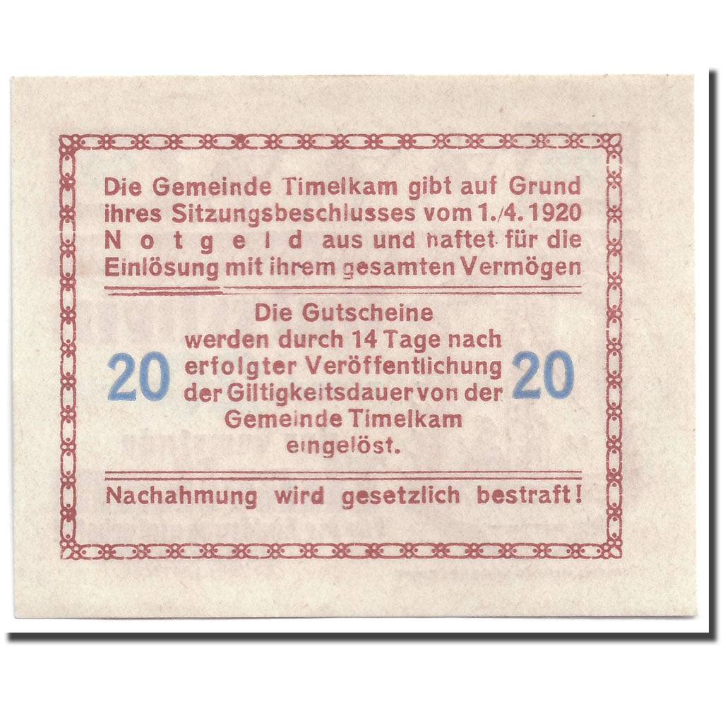 Banknote, Austria, Timelkam, 20 Heller, personnage 1, 1920, 1920-04-01, UNC(63)