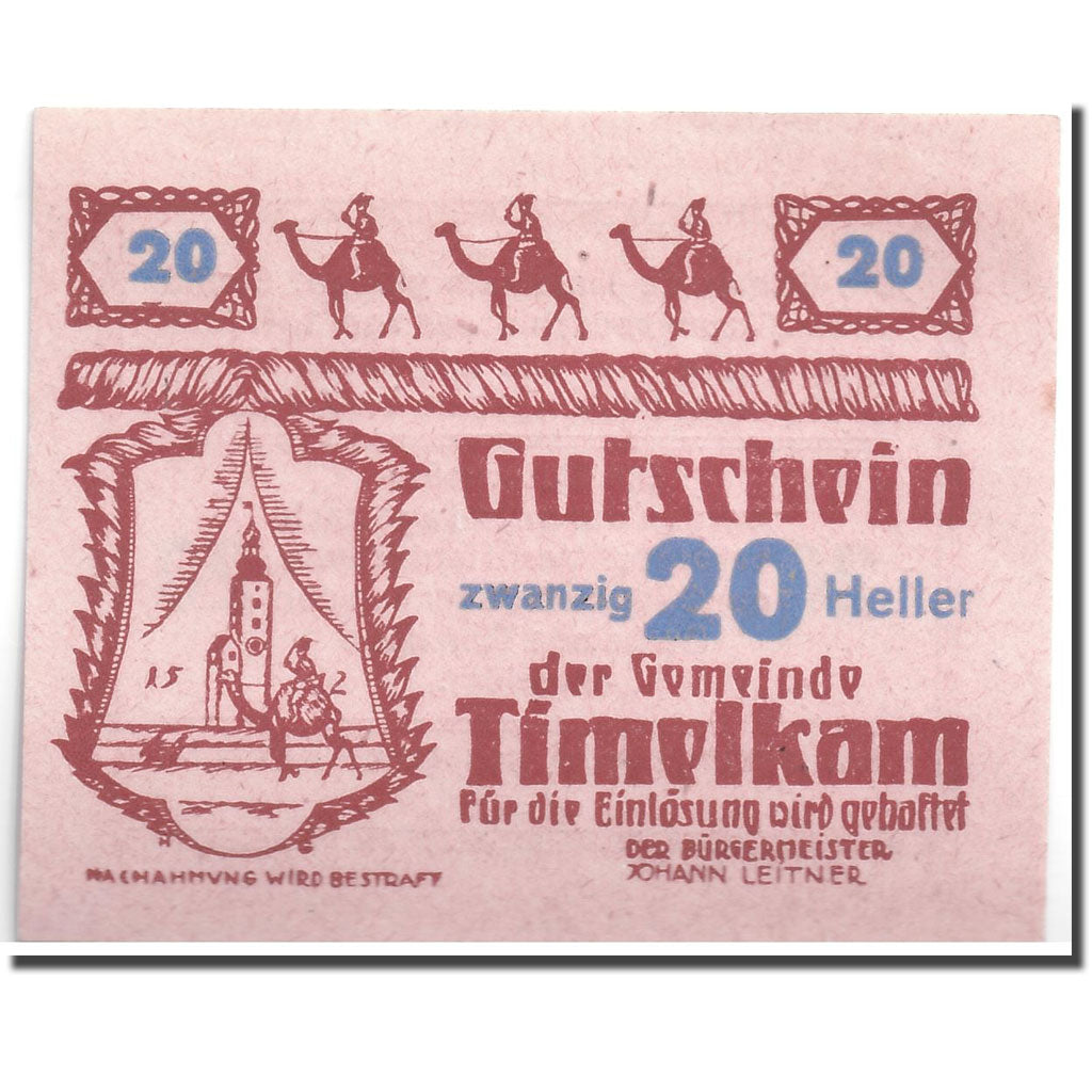 Geldschein, Österreich, Timelkam, 20 Heller, personnage 2, 1920, 1920-04-01