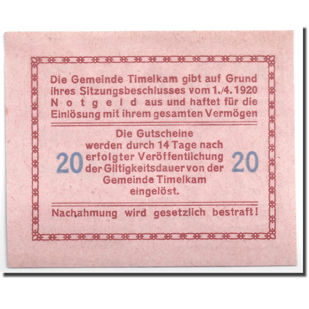 Geldschein, Österreich, Timelkam, 20 Heller, personnage 2, 1920, 1920-04-01