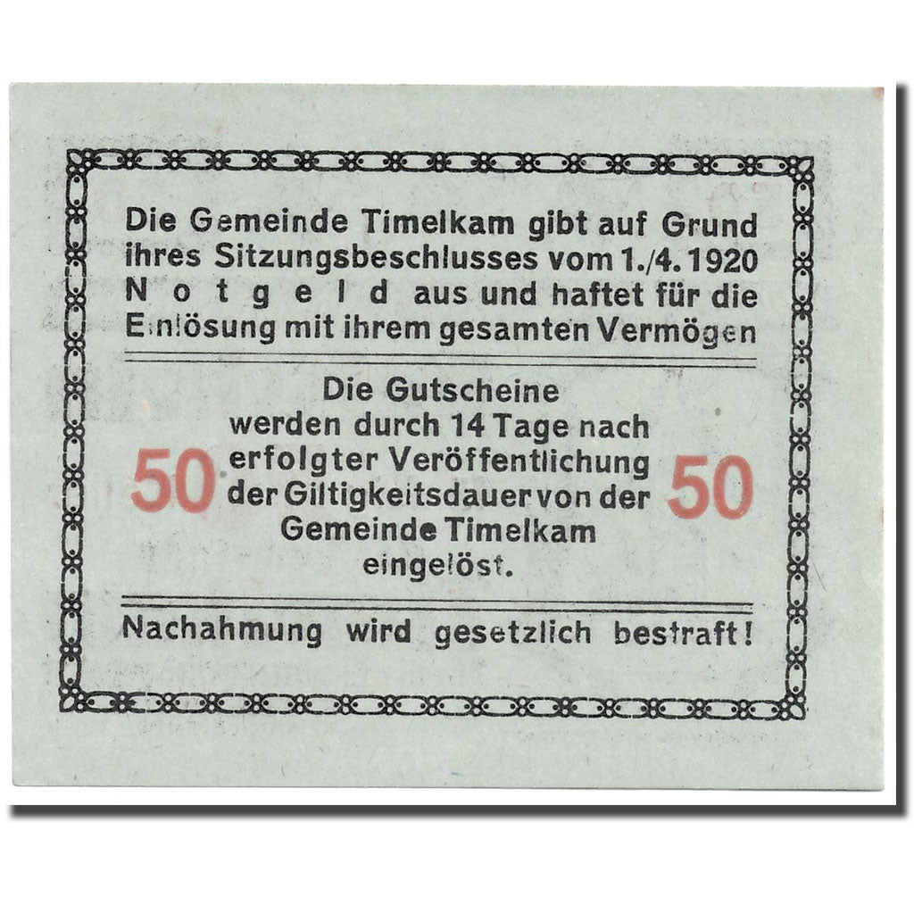 Banknote, Austria, Timelkam, 50 Heller, personnage 2, 1920, 1920-04-01, UNC(63)