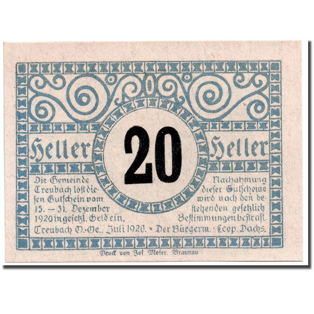 Geldschein, Österreich, Treubach O.Ö. Gemeinde, 20 Heller, agriculteur, 1920