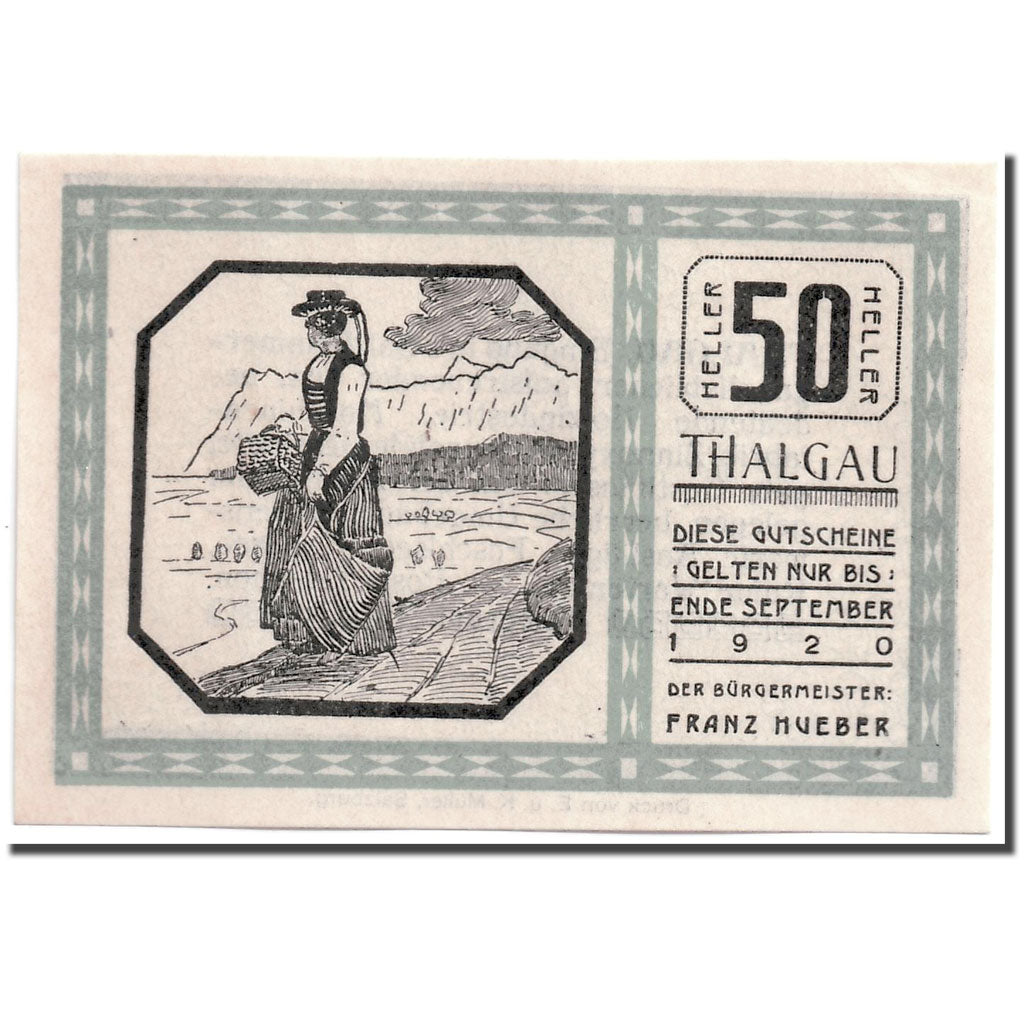 Banknote, Austria, Thalgau, 50 Heller, personnage, 1920, UNC(63), Mehl:1065