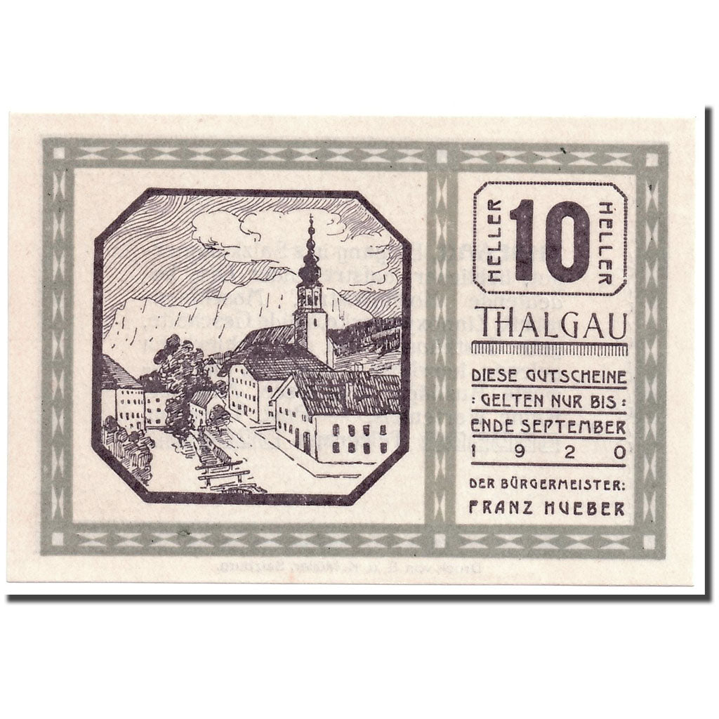 Banknote, Austria, Thalgau, 10 Heller, paysage, 1920, UNC(63), Mehl:1065