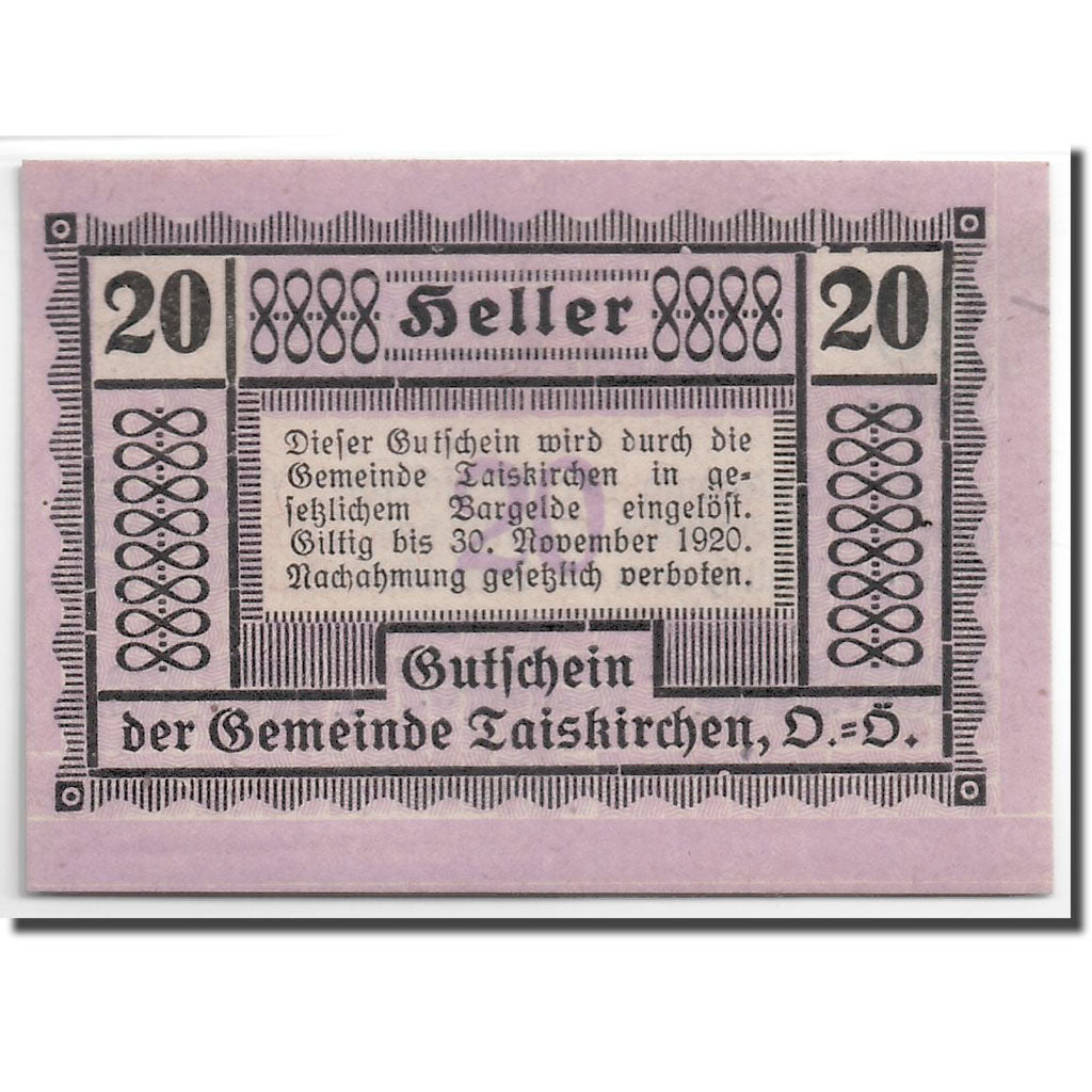 Geldschein, Österreich, Taiskirchen, 20 Heller, graphique, 1920, 1920-05-15