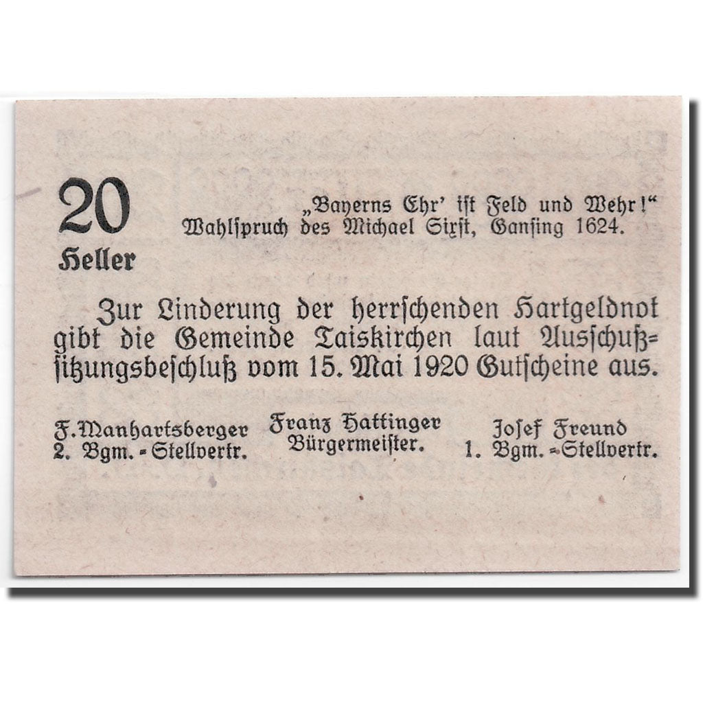Geldschein, Österreich, Taiskirchen, 20 Heller, graphique, 1920, 1920-05-15