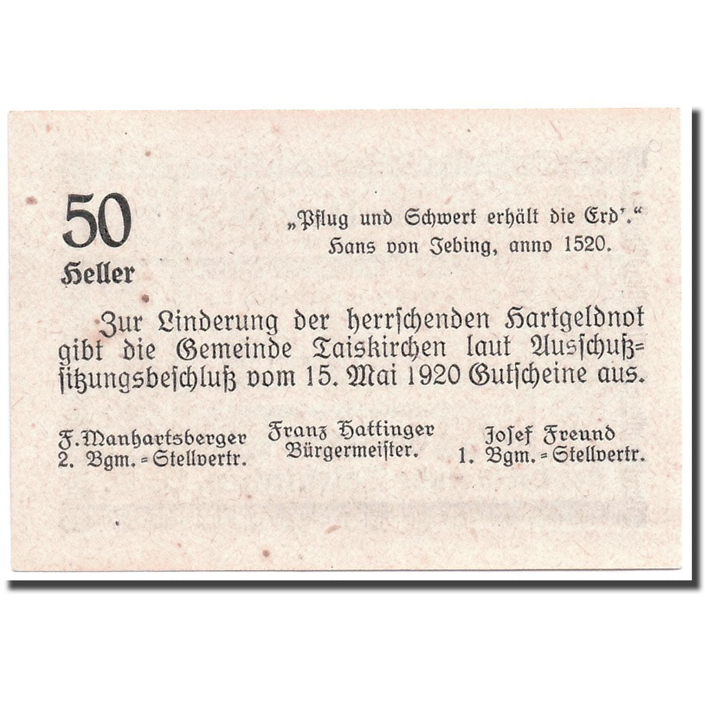 Banknote, Austria, Taiskirchen, 50 Heller, graphique, 1920, 1920-05-15, UNC(63)