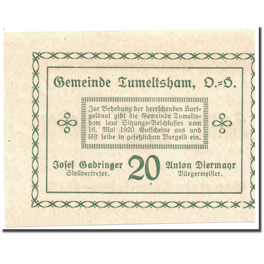 Banknote, Austria, Tumeltsham, 20 Heller, graphique, 1920, 1920-05-16, UNC(63)