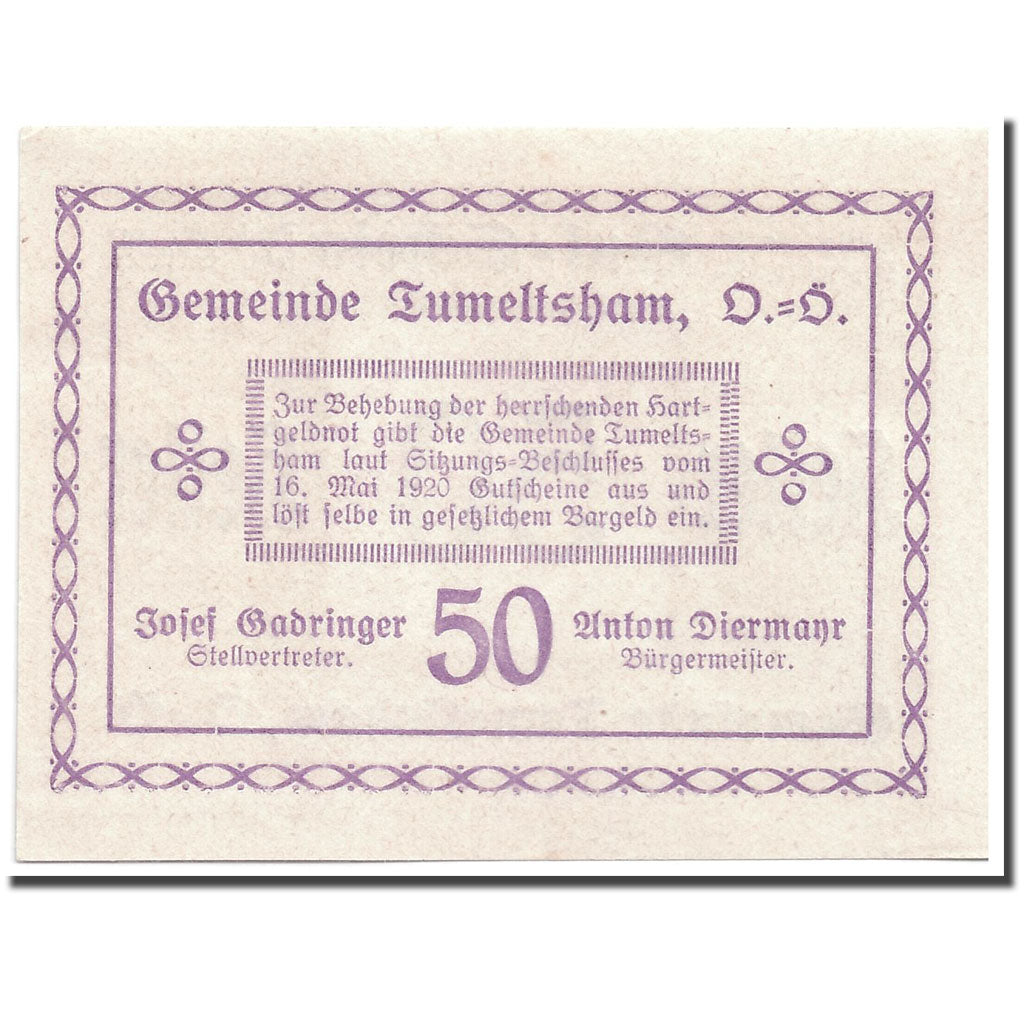 Geldschein, Österreich, Tumeltsham, 50 Heller, graphique, 1920, 1920-05-16