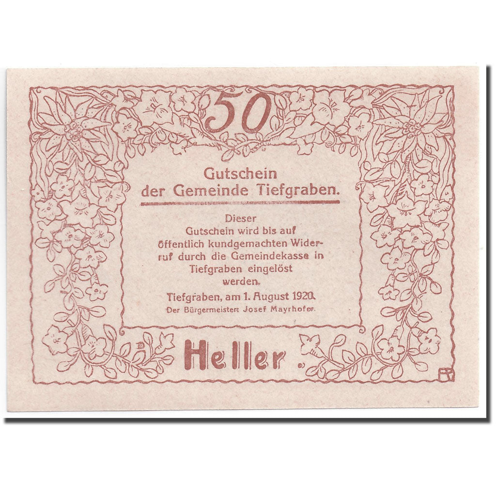 Banknote, Austria, Tiefgraben, 50 Heller, paysage, 1920, 1920-08-01, UNC(63)